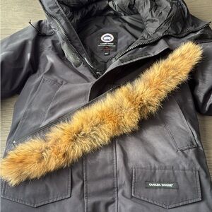 Navy Blue Canada Goose Jacket with Tan Fur Accent